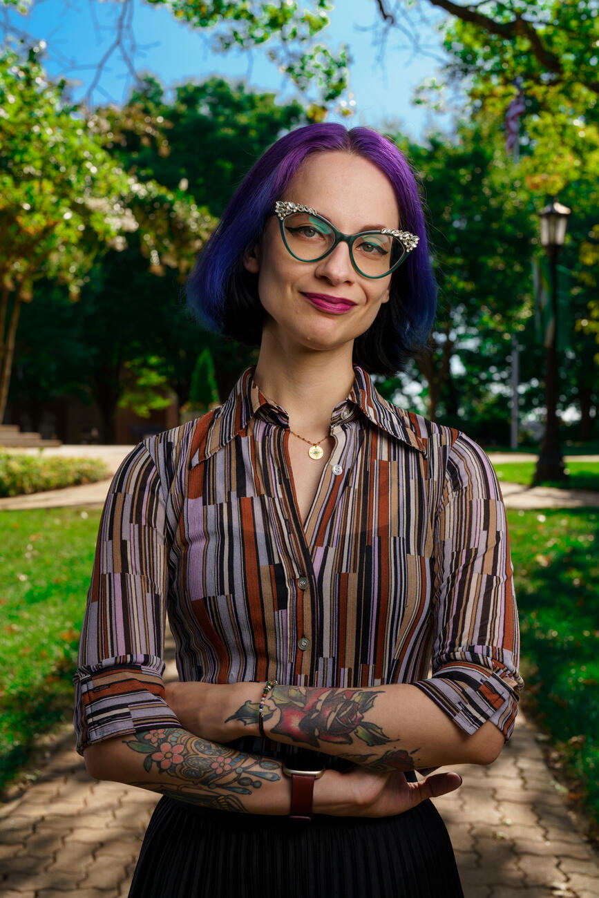 Headshot of professor Virginia Berndt outside.