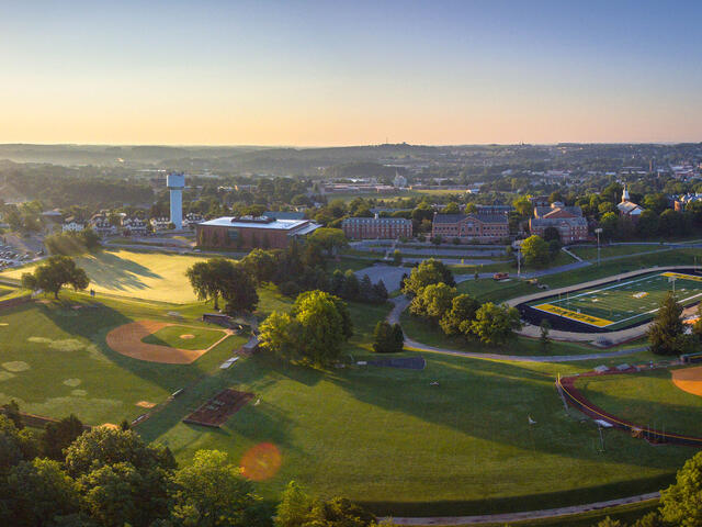 Aerial view of McDaniel College campus athletic fields.