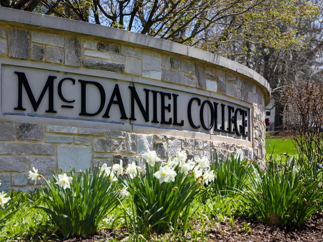 Photo of the stone McDaniel campus sign with flowers in front of it. 