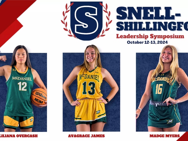 Three athletes wearing McDaniel uniforms featured under the Snell-Shillingford Leadership Symposium logo and title.