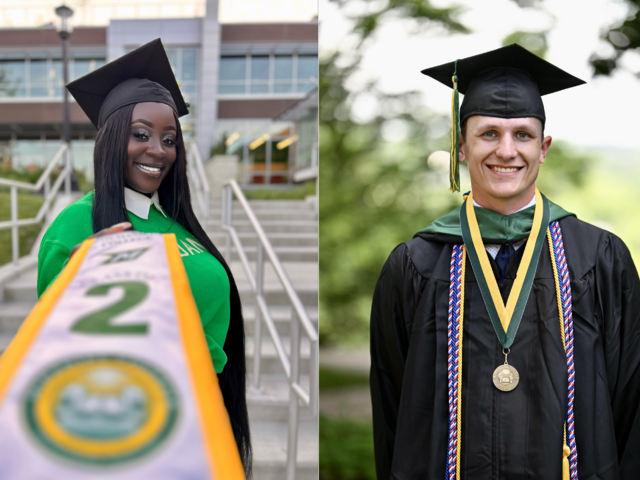 Side-by-side photos of two McDaniel graduates wearing graduation regalia. Jani Pierre is on the left in a green sweatshirt and Brennan Rouse is on the right in full regalia.