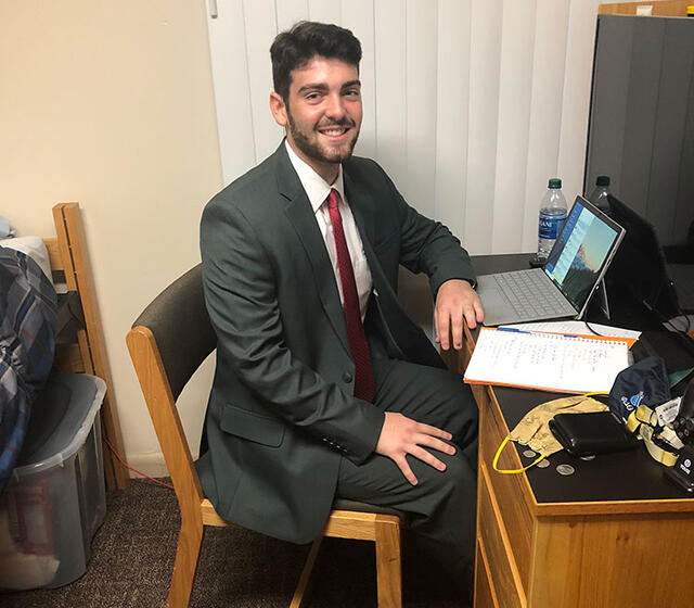 McDaniel Junior Shea Dougherty prepares to log on to his virtual interviews with accounting firms. 