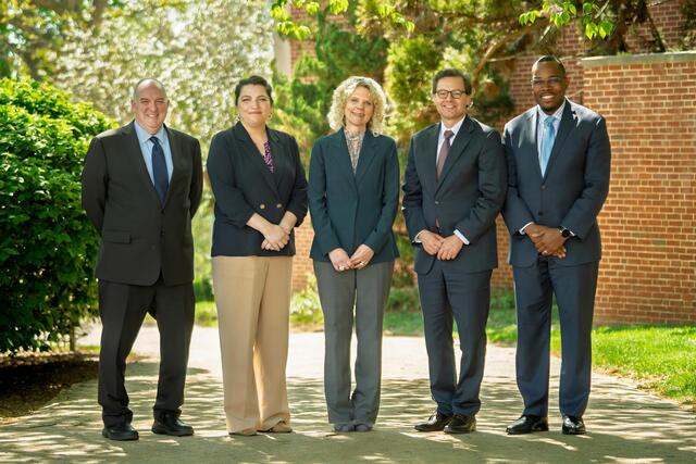 Left to Right: Dave Sears, Vice President of Institutional Advancement; Janelle Holmboe, Executive Vice President for Constituent Engagement; Julia Jasken, Ph.D., President; Flavius Lilly, Ph.D., Provost; Eric Simon, Ph.D., Vice President for Administration and Finance