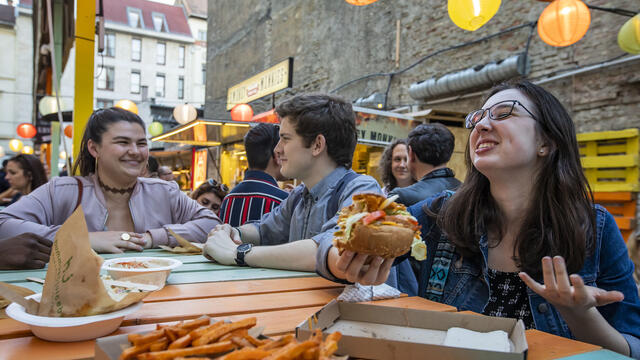 Students in restaurant in Budapest.