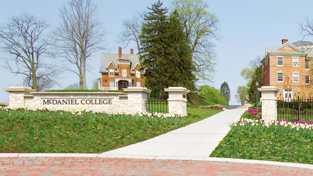McDaniel College entrance sign in Spring.