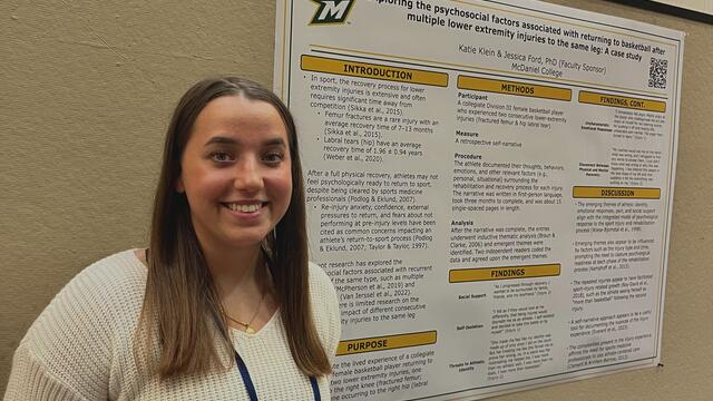 Senior Kinesiology and Psychology major Katie Klein attended the 36th Annual Association for Applied Sport Psychology (AASP) Conference to present her research, titled "Exploring the Psychosocial Factors Associated with Returning to Basketball after Multiple Lower Extremity Injuries to the Same Leg: A Case Study." 