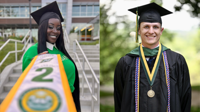 Side-by-side photos of two McDaniel graduates wearing graduation regalia. Jani Pierre is on the left in a green sweatshirt and Brennan Rouse is on the right in full regalia.