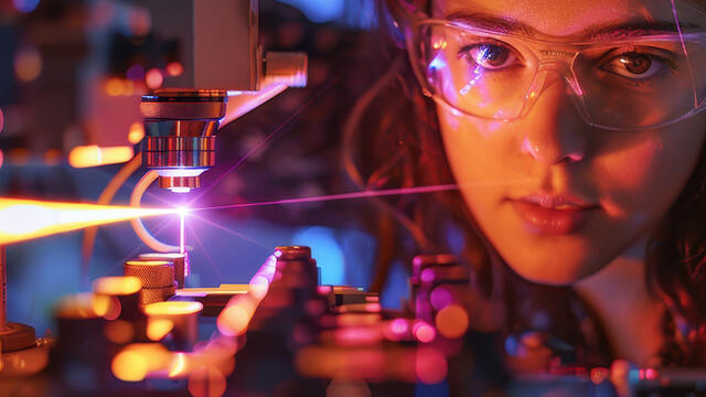 A student conducting a physics experiment with lasers